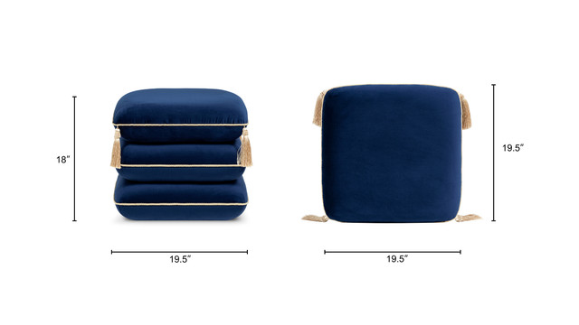 Arabella Squared Upholstered Ottoman with Bullion Fringe, Navy Blue Arabella Squared Upholstered Ottoman with Bullion Fringe, Navy Blue
