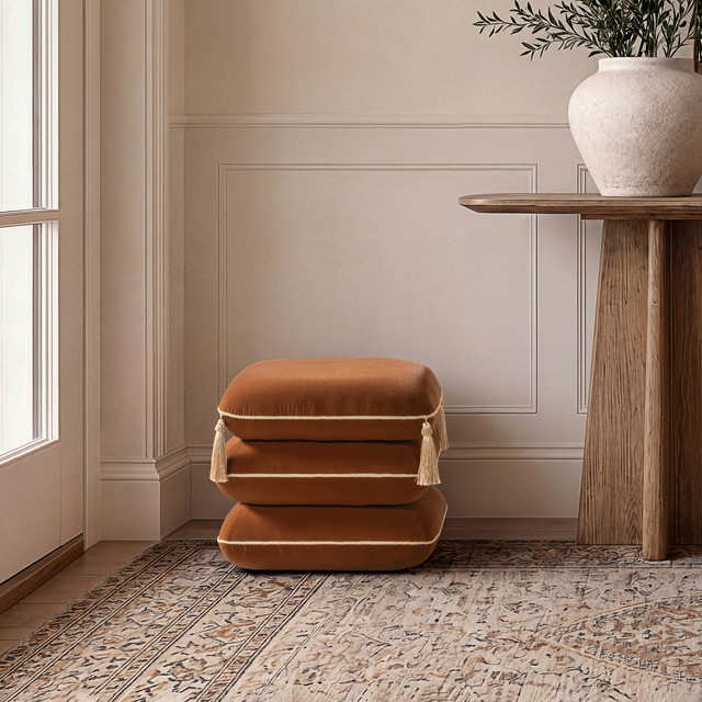 Arabella Squared Upholstered Ottoman with Bullion Fringe, Burnt Orange