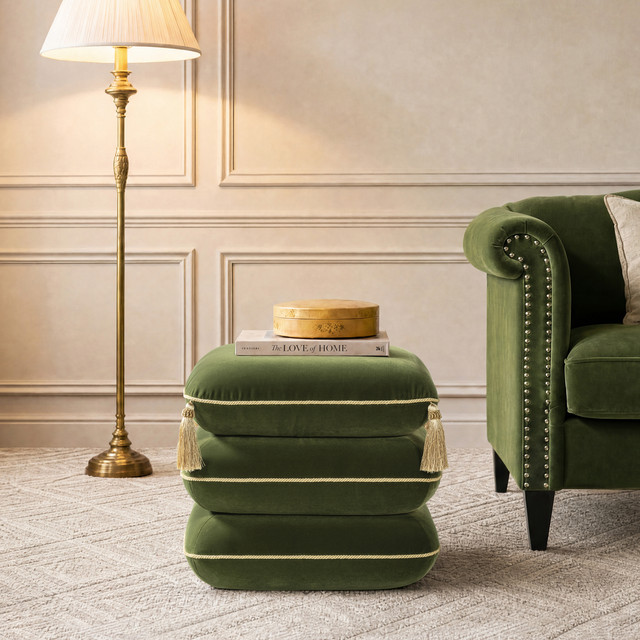 Arabella Squared Upholstered Ottoman with Bullion Fringe, Olive Green