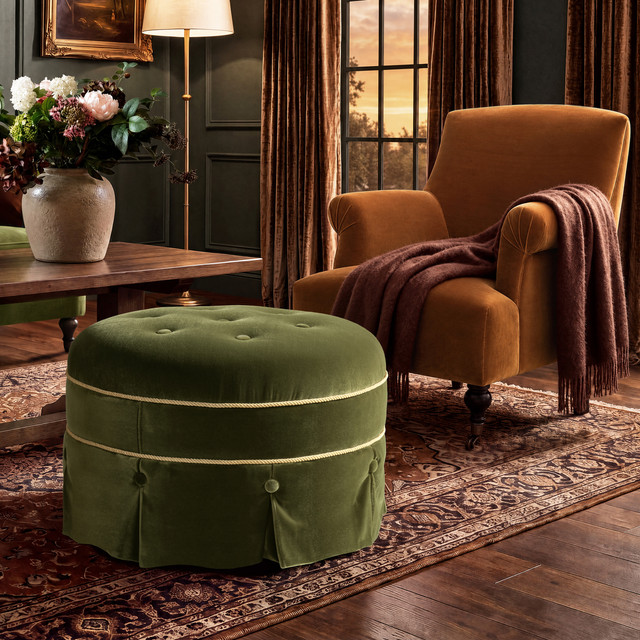 Maribel Round Tufted Performance Velvet Ottoman with Skirted Base, Olive Green