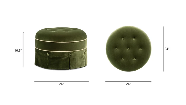 Maribel Round Tufted Performance Velvet Ottoman with Skirted Base, Olive Green