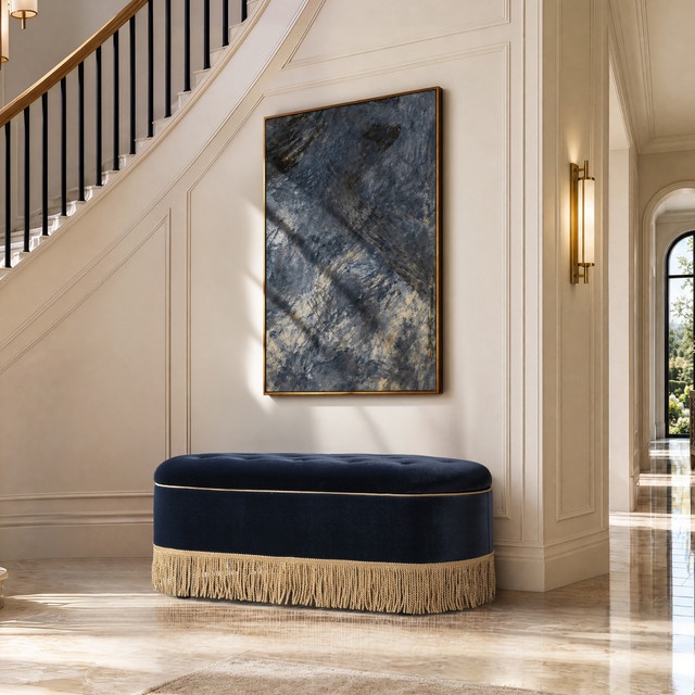 Melinda Oval Tufted Bullion Fringe Storage Bench, Dark Navy Blue