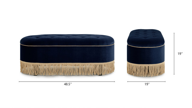 Melinda Oval Tufted Bullion Fringe Storage Bench, Dark Navy Blue Melinda Oval Tufted Bullion Fringe Storage Bench, Dark Navy Blue