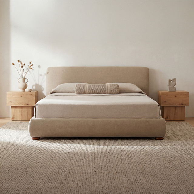 Alden Upholstered Storage Bed with Hydraulic Lift Storage and Rounded Headboard, Queen, Warm Beige