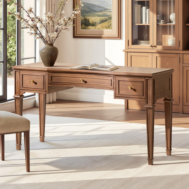 Dauphin 3-Drawer Wood Executive Desk, Brown Rubber Wood & Veneer