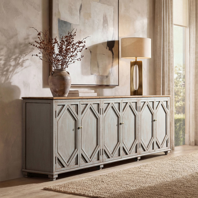 Colette Extra Wide Reclaimed Pine Wood 6-Door Cabinet Sideboard, Antique Natural Brown & Antique Blue-Grey
