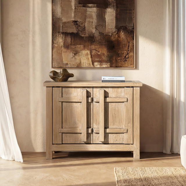 Rowan Solid Reclaimed Pine 2-Door Crossbar Accent Storage Cabinet, Heritage Light Natural Brown