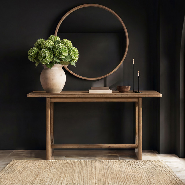 Turnkey Reclaimed Pine Wood Modern Trestle Console Table, Antique Natural Brown