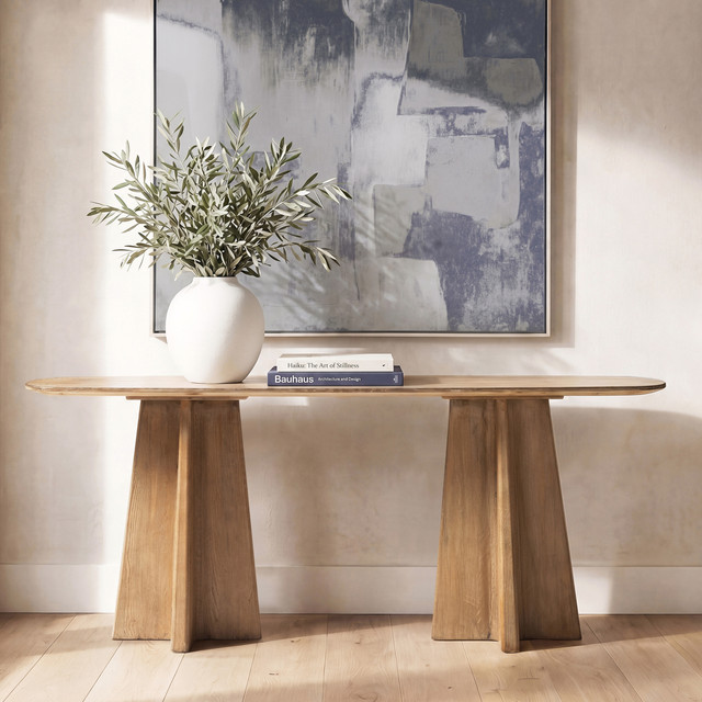 Clarence Reclaimed Pine Wood Sculptural Console Table, Antique Natural Brown