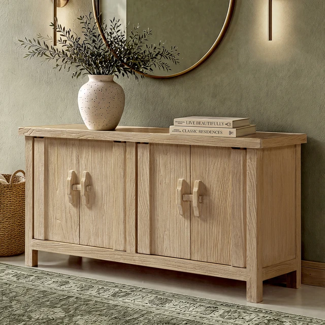 Rowan Reclaimed Elm Wood 4-Door Cabinet, Light Natural Brown