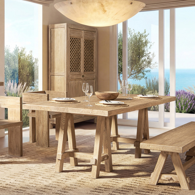 Hawthorne Solid Reclaimed Elm Trestle 8-Person Dining Table, Heritage Light Natural Brown