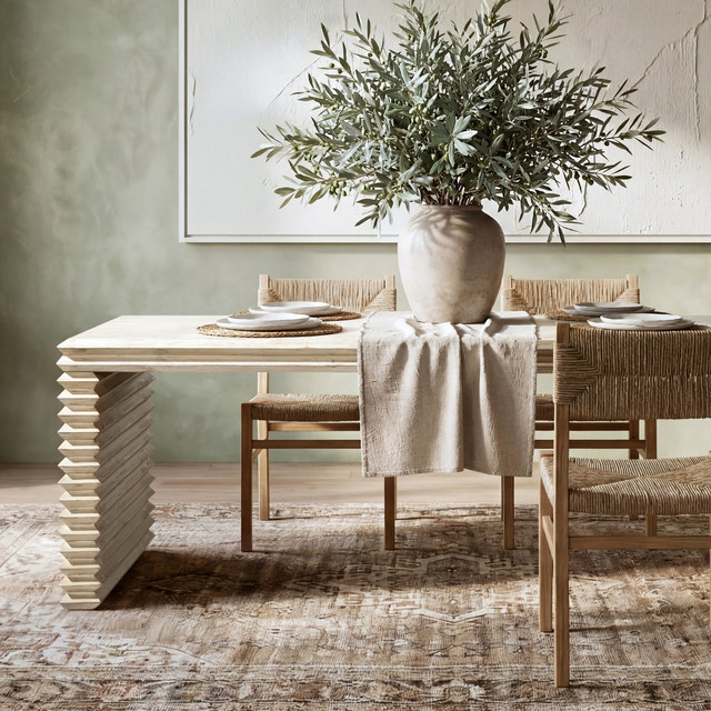 Veda 8-Seat Reclaimed Pine Wood Stacked Geometric Waterfall Dining Table, Whitewashed Natural
