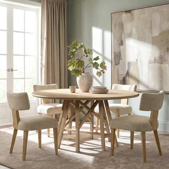 Holland Reclaimed Pine Wood Round Dining Table, Light Natural Cerused