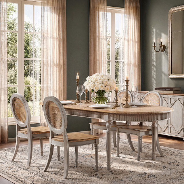 Colette Reclaimed Pine Wood Oval Dining Table, Antique Natural Brown & Antique Blue-Grey