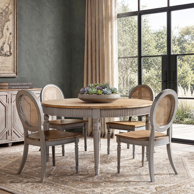 Colette Reclaimed Pine Wood Round Dining Table, Antique Natural Brown & Antique Blue-Grey