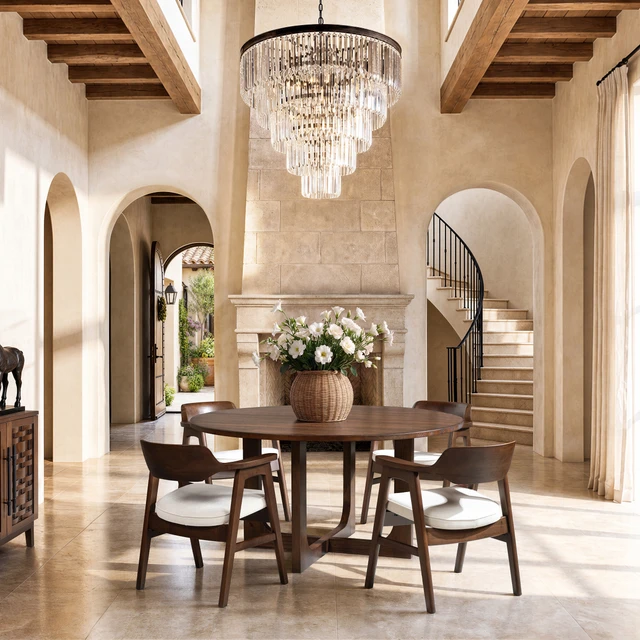 Pino Round Reclaimed Pine 6-8 Seat Dining Table with Sculptural Cross Base, Java Brown