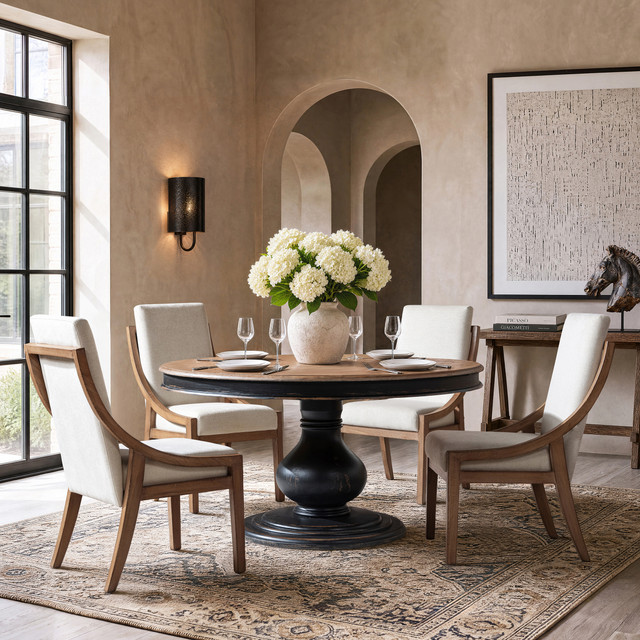 Winslow Round Reclaimed Pine Pedestal Dining Table, Antique Natural Brown & Distressed Black