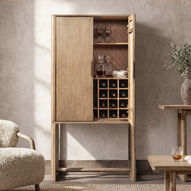 Nolan Reclaimed Pine Wood Bar Cabinet with Wine Storage, Antique Natural Brown