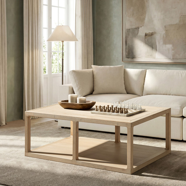 Ellis Reclaimed Pine Wood Open Frame Coffee Table with Lower Shelf, Light Natural Cerused