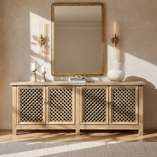 Arden Extra Long 4-Door Reclaimed Pine Lattice Front Sideboard, Heritage Light Natural Brown