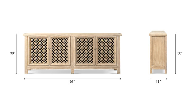 Arden Extra Long 4-Door Reclaimed Pine Lattice Front Sideboard, Heritage Light Natural Brown