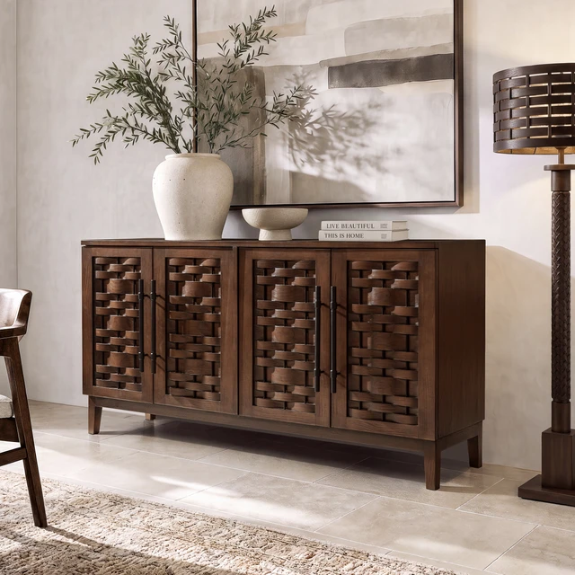 Koa Reclaimed Pine Sideboard with Handwoven-Inspired Wood Doors, Java Brown