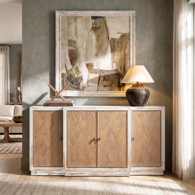 Amelie Reclaimed Pine Herringbone 4-Door Sideboard, Antique White & Medium Brown