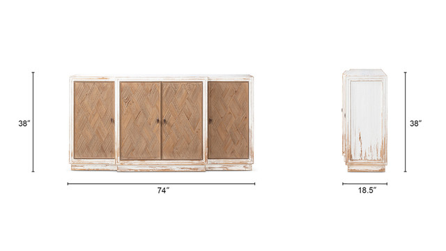 Amelie Reclaimed Pine Herringbone 4-Door Sideboard, Antique White & Medium Brown Amelie Reclaimed Pine Herringbone 4-Door Sideboard, Antique White & Medium Brown