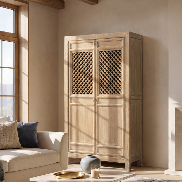 Arden Tall Solid Reclaimed Pine Lattice 2-Door Bookcase Storage Cabinet, Heritage Light Natural Brown