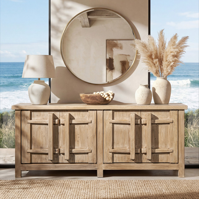 Rowan Reclaimed Pine 4-Door Crossbar Sideboard Cabinet, Heritage Light Natural Brown