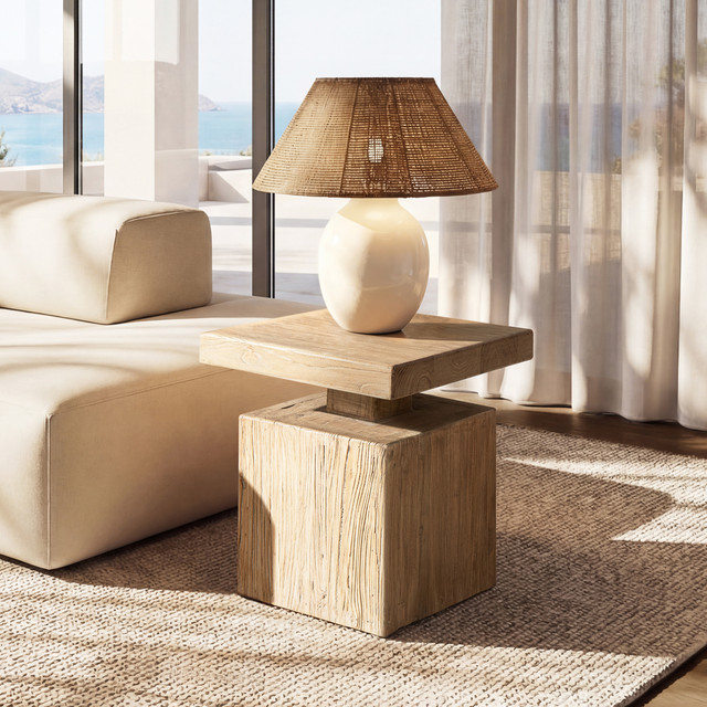 Calder Solid Square Reclaimed Elm Block Plinth Side Table, Heritage Light Natural Brown