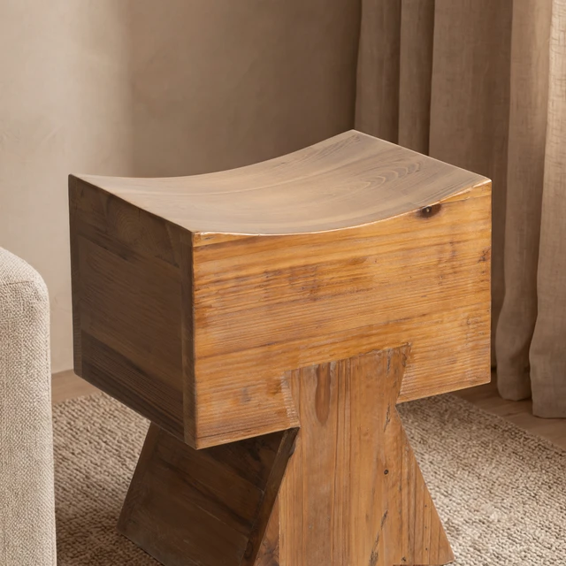 Nico Reclaimed Pine Wood Sculptural Stool Ottoman, Honey Aged Brown