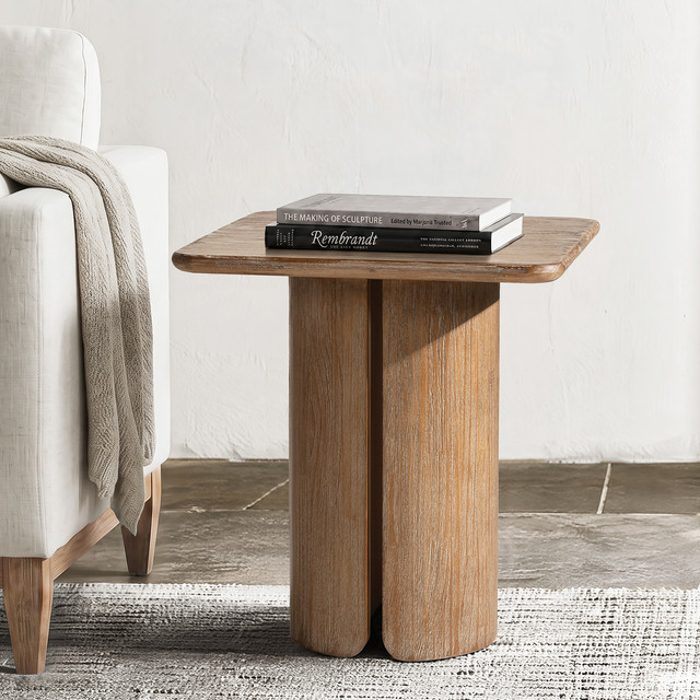 Sonoma Square Pedestal Reclaimed Pine Wood Side Table, Rustic Greige Brown