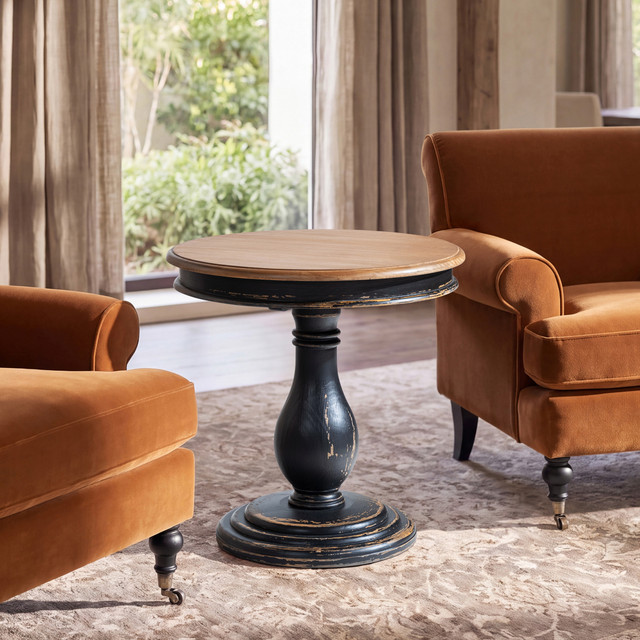 Winslow Round Reclaimed Pine Pedestal Side Table, Antique Natural Brown & Distressed Black