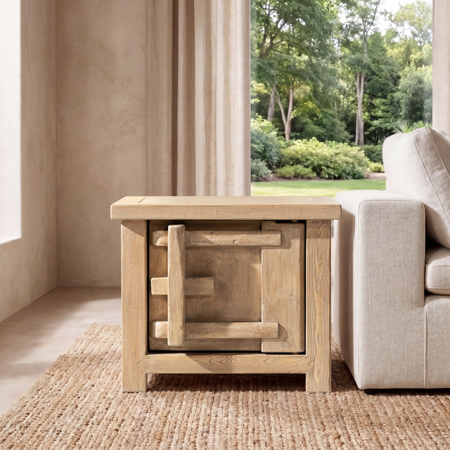 Rowan Solid Reclaimed Pine Left Side Table with Door, Natural Brown