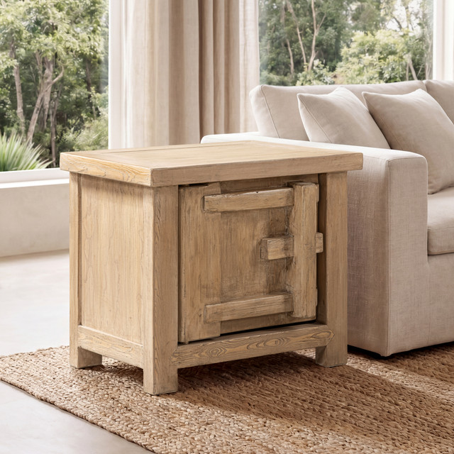 Rowan Solid Reclaimed Pine Right Side Table with Door, Natural Brown