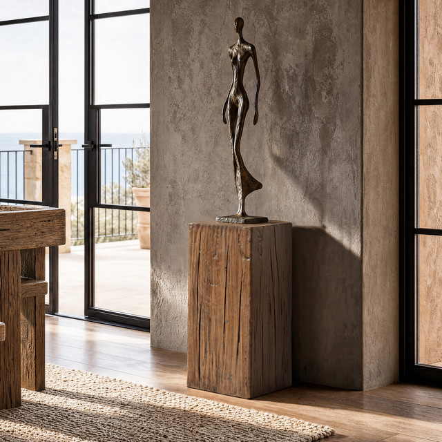 Umber Solid Reclaimed Pine Wood Pedestal Side Table, Brown