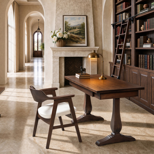 Whitmore Reclaimed Pine Trestle Writing Desk, Java Brown