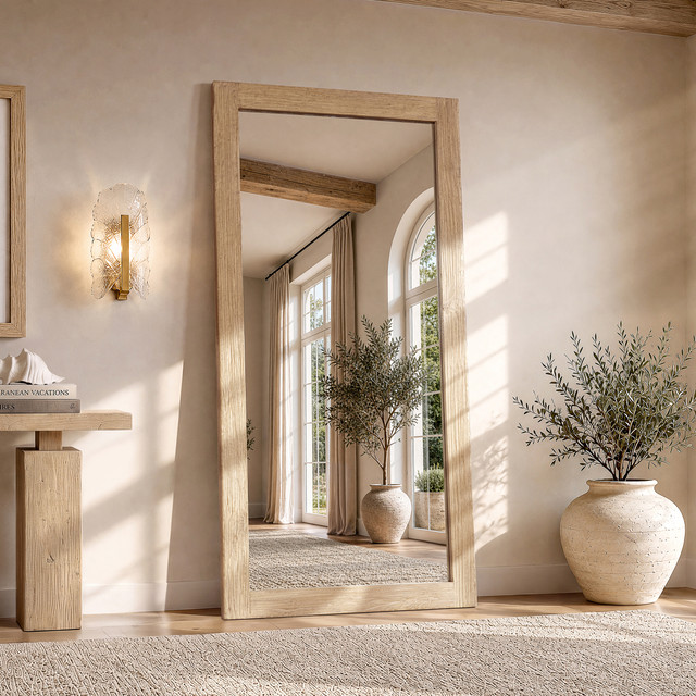 Langford Solid Reclaimed Elm Wood Rectangular Wall Mirror, Heritage Light Natural Brown