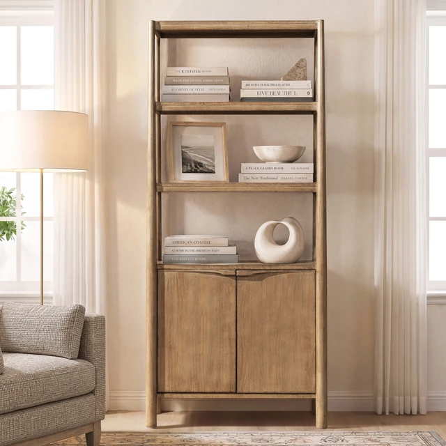 Nolan Reclaimed Pine Wood Bookcase with Lower Cabinet, Antique Natural