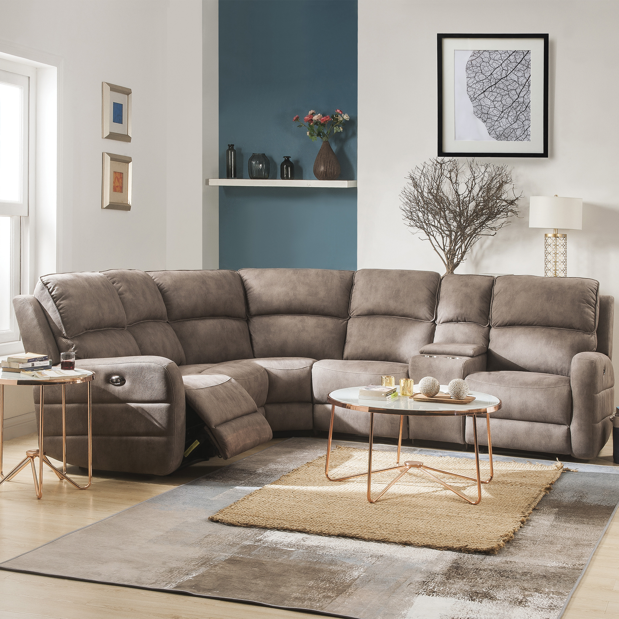 Dorian Wide Power Reclining Sectional Sofa, Nubuck Top Grain Leather, Mocha
