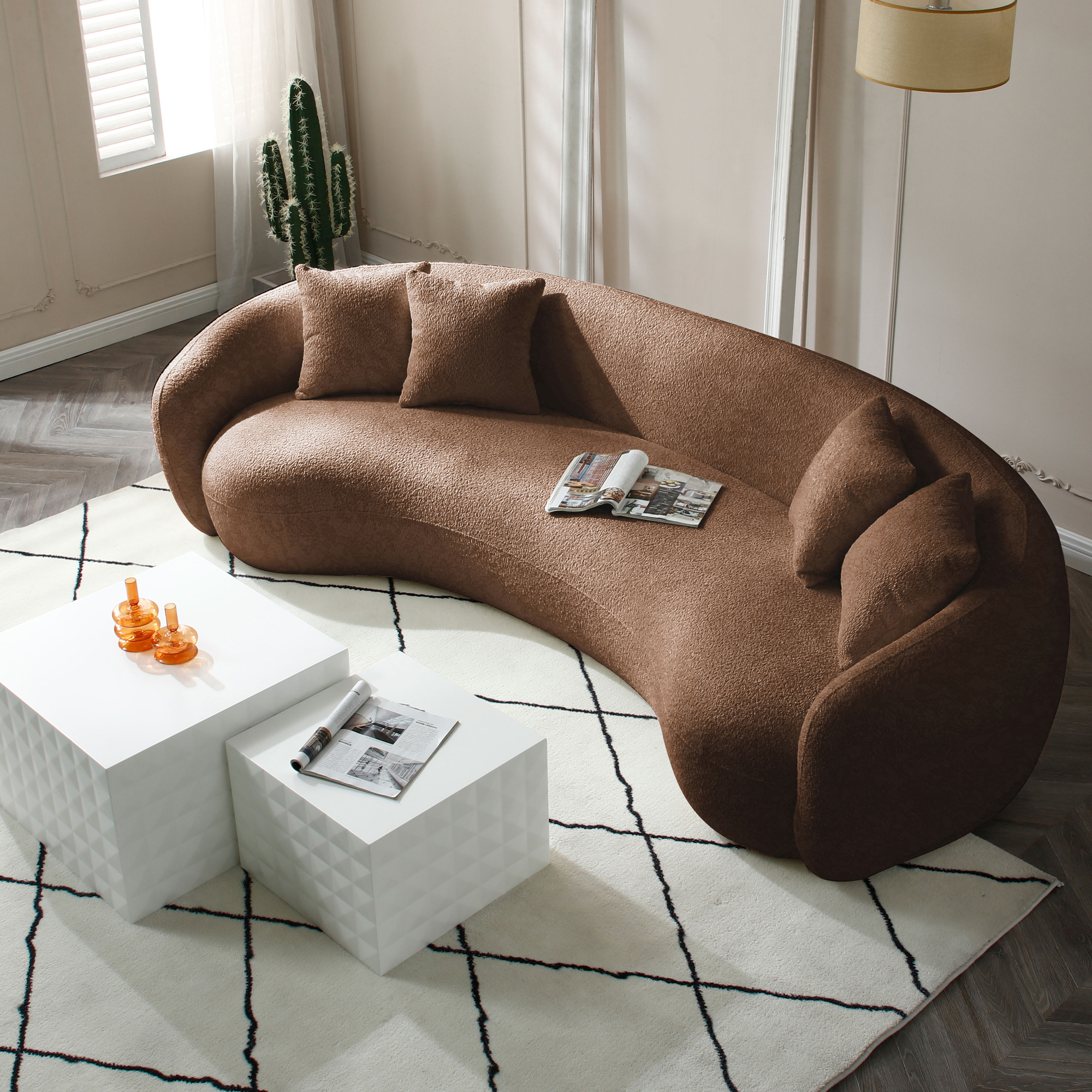 Valmere Curved Half-Moon Fleeced Teddy Upholstered Sofa with 4 Toss Pillows, Brown