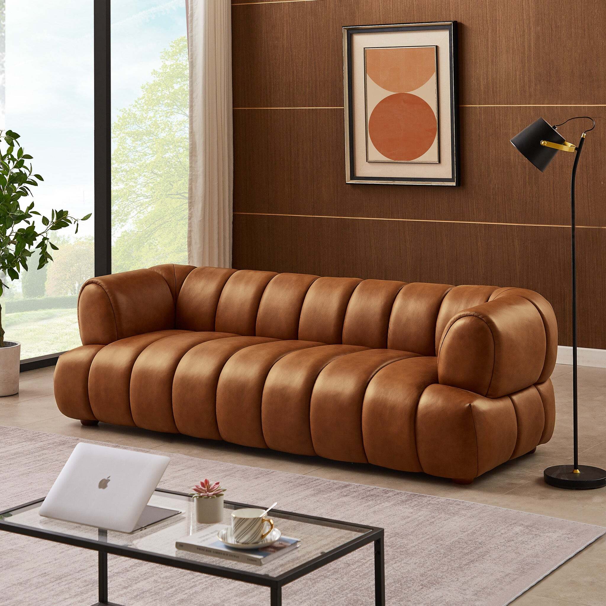 Emory Mid-Century Modern Genuine Leather Sofa in Cognac
