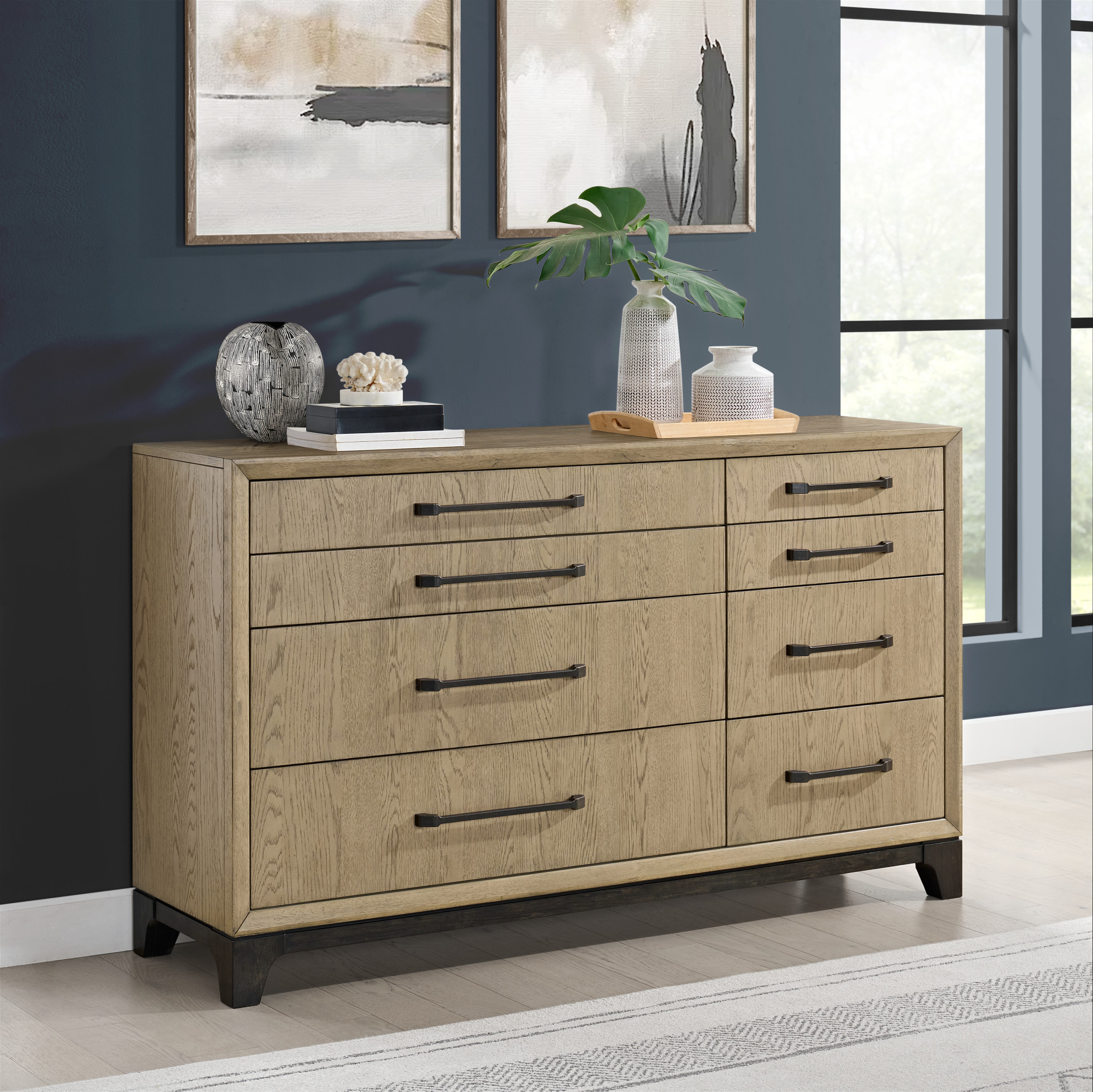 Hawthorne 8-Drawer Solid Wood Dresser with Black Trim & Felt-Lined Jewelry Organizer, Caramel Brown Finish