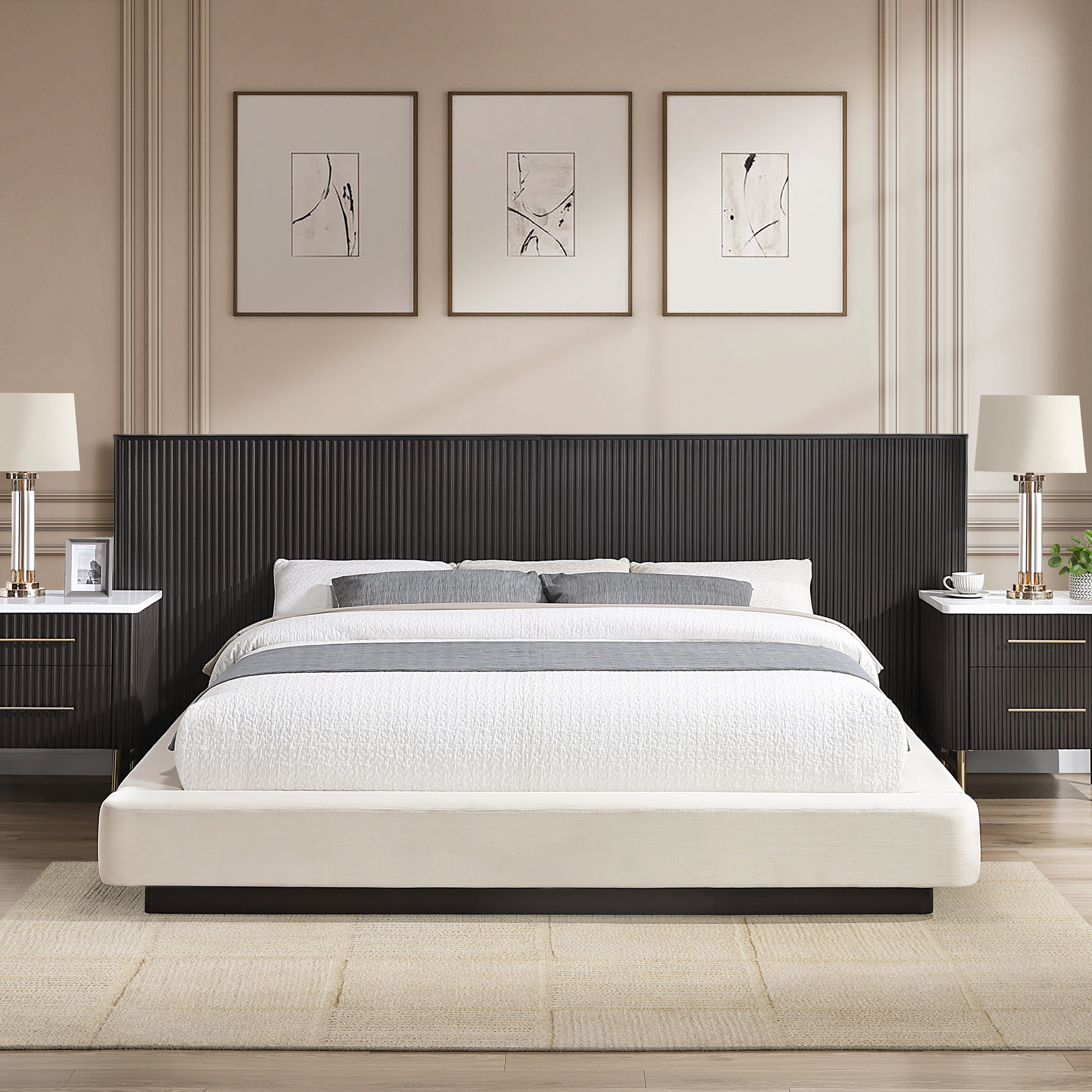 Marcellin Modern King Platform Bed with Fluted Wood Headboard and Upholstered Frame