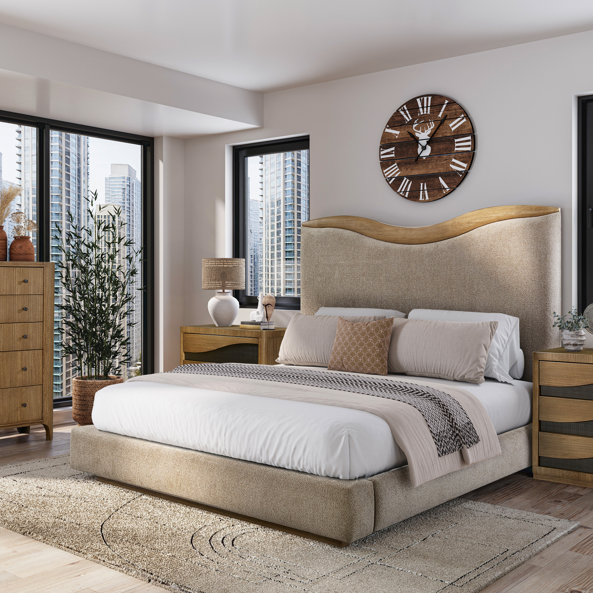 Sonoma Upholstered Bed with Sculpted Wood Headboard Accent, King