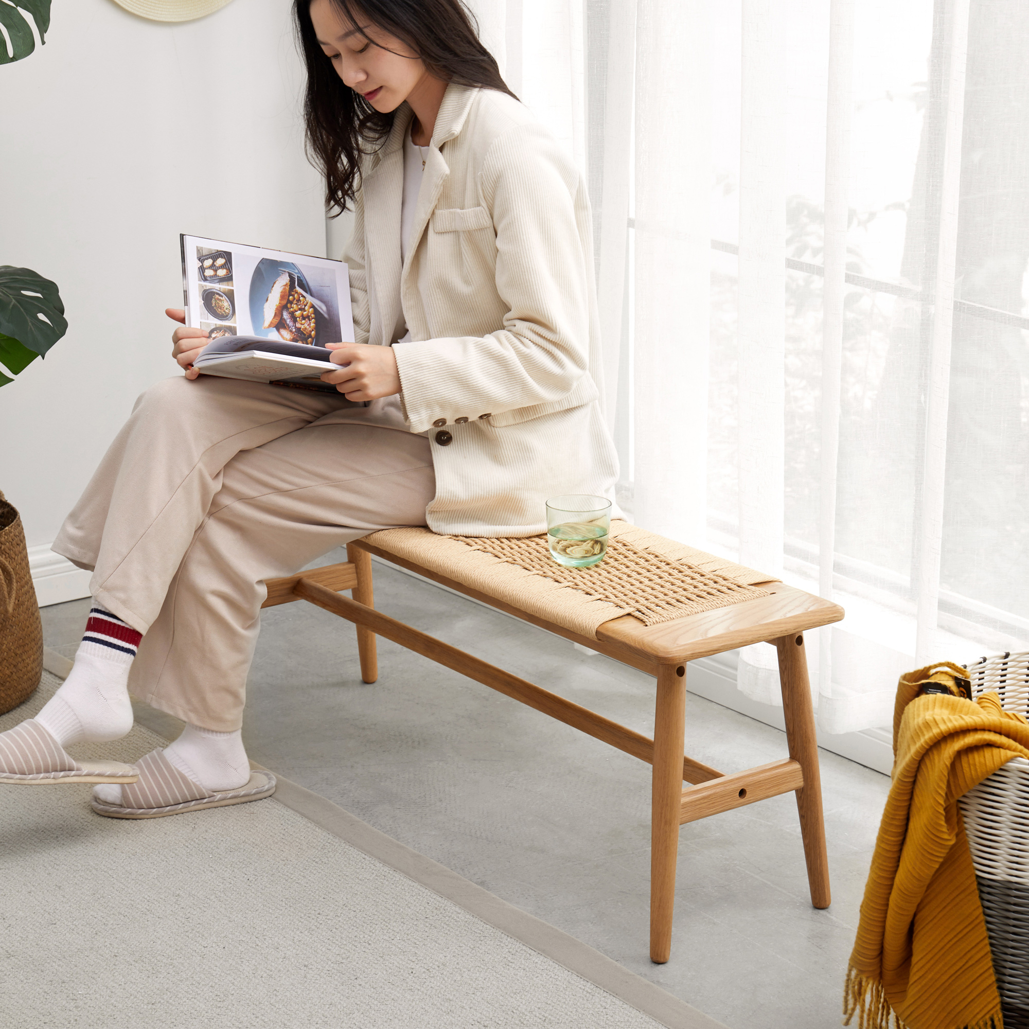 Rivelle Hand-Woven Rattan & Solid Oak Bench