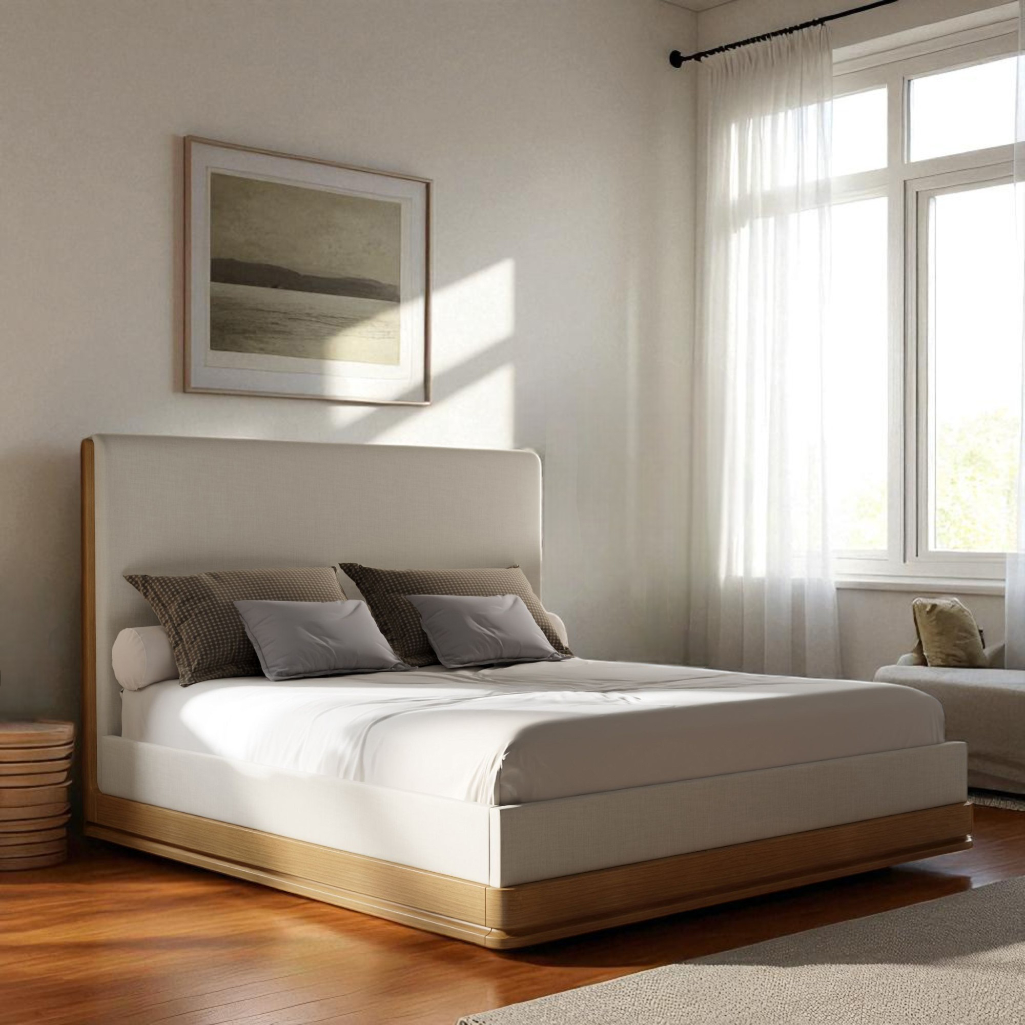 Cavallo Upholstered Platform Bed with Low Profile Oak Base, Queen