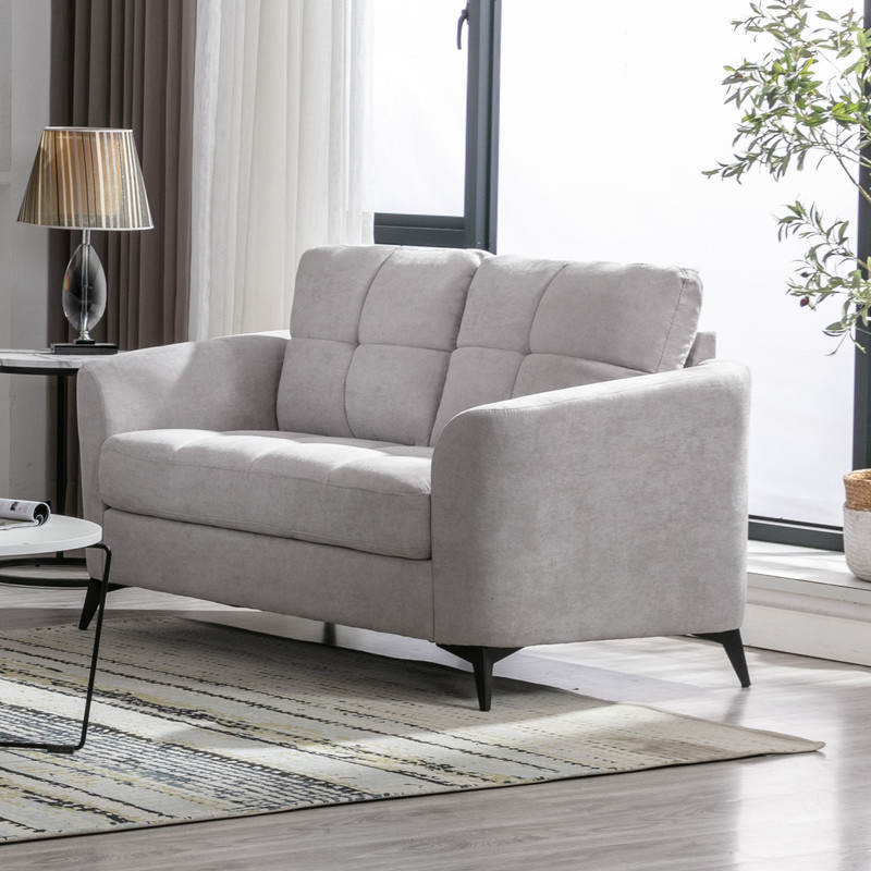 Sullivan Modern Tufted Cushion Loveseat with Pocket Coil Seating and Black Metal Legs, Light Gray