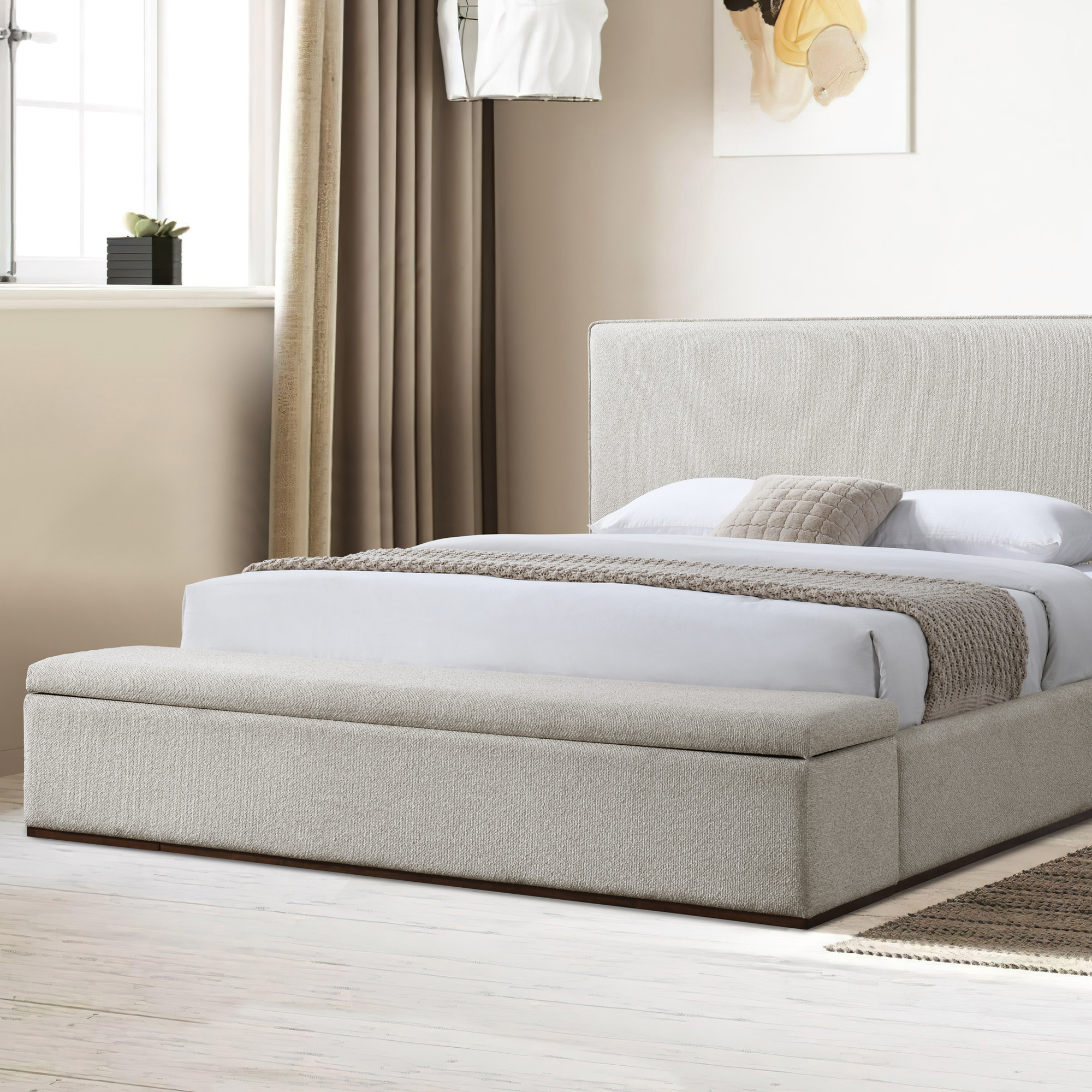 Sloane Upholstered Storage Platform Bed, King, Beige Linen